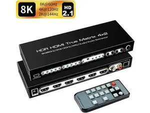 4 In 2 Out HDMI 2.1 8K Matrix Switch with IR Remote, 4×2 Video Splitter Converter, Optical SPDIF 5.1CH + L/R Analog Audio Extractor Support 8K@60Hz 4K@120Hz HDR10 Dolby Vision Atmos ARC HDCP2.3 4 In 2 Out HDMI 2.1 8K Matrix Switch with IR Remote, 4×2 Video Splitter Converter, Optical SPDIF 5.1CH + L/R Analog Audio Extractor Support 8K@60Hz 4K@120Hz HDR10 Dolby Vision Atmos ARC HDCP2.3