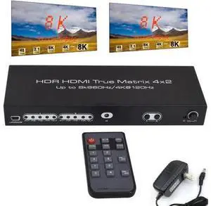 4x2 HDMI 2.1 Matrix Switch Splitter, 4 In 2 Out 8K@60Hz 4K@120Hz HDR Scaler, HDCP2.3 40Gbps Bandwidth with IR Remote & Power Adapter 4x2 HDMI 2.1 Matrix Switch Splitter, 4 In 2 Out 8K@60Hz 4K@120Hz HDR Scaler, HDCP2.3 40Gbps Bandwidth with IR Remote & Power Adapter