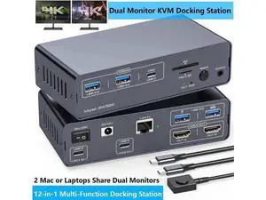 USB-C KVM Docking Station for 2 Computers & 2 Monitors, Dual HDMI 4K@60Hz KVM Switch with Built-in EDID Emulator, Share 1G Ethernet, 5×USB A/C Ports, SD & MicroSD Card Reader, Compatible with Dual Mac USB-C KVM Docking Station for 2 Computers & 2 Monitors, Dual HDMI 4K@60Hz KVM Switch with Built-in EDID Emulator, Share 1G Ethernet, 5×USB A/C Ports, SD & MicroSD Card Reader, Compatible with Dual Mac