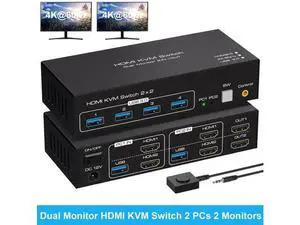 2x2 Dual Monitor HDMI KVM Switch 4K@60Hz, 2 Port KVM Switcher with 4 USB 3.0 Ports, Desktop Controller & 2 USB 3.0 Cables for 2 PCs Share Two Displays 2x2 Dual Monitor HDMI KVM Switch 4K@60Hz, 2 Port KVM Switcher with 4 USB 3.0 Ports, Desktop Controller & 2 USB 3.0 Cables for 2 PCs Share Two Displays