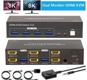 2x2 Dual Monitor HDMI KVM Switch 4K@60Hz, USB 3.0 KVM Switcher for 2 PCs Share 2 Monitors & 4 USB 3.0 Devices, Desktop Remote + 2 USB Cables Included 2x2 Dual Monitor HDMI KVM Switch 4K@60Hz, USB 3.0 KVM Switcher for 2 PCs Share 2 Monitors & 4 USB 3.0 Devices, Desktop Remote + 2 USB Cables Included