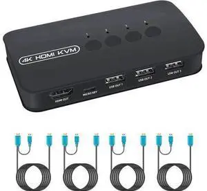 4-Port HDMI KVM Switch, 4 PCs Share Single 4K Monitor, Keyboard, Mouse & Printer, Comes with 4 KVM Cables 4-Port HDMI KVM Switch, 4 PCs Share Single 4K Monitor, Keyboard, Mouse & Printer, Comes with 4 KVM Cables