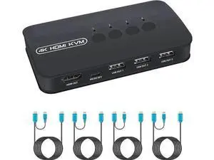 4-Port HDMI KVM Switch, 4 PCs Share One 4K Monitor, Keyboard, Mouse & Printer, 4 KVM Cables Included 4-Port HDMI KVM Switch, 4 PCs Share One 4K Monitor, Keyboard, Mouse & Printer, 4 KVM Cables Included