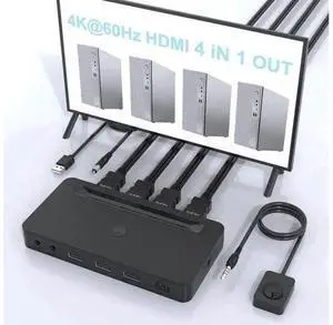 4 Port HDMI KVM Switch 4K@60Hz, 4 PCs Share 1 Monitor & 3 USB Devices, Dual 3.5mm Audio Jacks, 4 HDMI Cables & Remote Controller Included 4 Port HDMI KVM Switch 4K@60Hz, 4 PCs Share 1 Monitor & 3 USB Devices, Dual 3.5mm Audio Jacks, 4 HDMI Cables & Remote Controller Included