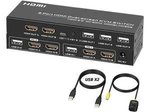 2-Port Dual HDMI KVM Switch 4K@60Hz, 3 USB2.0 Ports, Desktop Controller & USB Cables Included 2-Port Dual HDMI KVM Switch 4K@60Hz, 3 USB2.0 Ports, Desktop Controller & USB Cables Included
