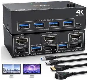 2PC Hybrid DP+HDMI Dual Monitor USB3.0 KVM Switch, 4K@60Hz/2K@120Hz, 4 USB3.0 Ports, Wired Remote & Full HDMI/DP/USB Cables Included 2PC Hybrid DP+HDMI Dual Monitor USB3.0 KVM Switch, 4K@60Hz/2K@120Hz, 4 USB3.0 Ports, Wired Remote & Full HDMI/DP/USB Cables Included