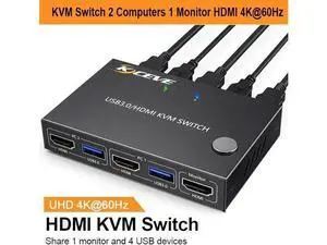 2x1 HDMI KVM Switch 4K@60Hz, 2 PCs Share 1 Monitor & 4 USB 3.0 Ports, EDID Emulation Lock Screen, Wired Remote Included 2x1 HDMI KVM Switch 4K@60Hz, 2 PCs Share 1 Monitor & 4 USB 3.0 Ports, EDID Emulation Lock Screen, Wired Remote Included