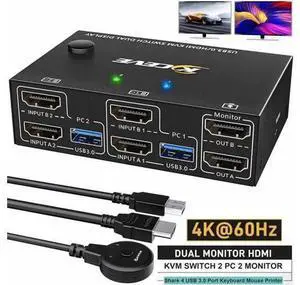 2 In 2 Out Dual Monitor USB 3.0 HDMI KVM Switch 4K@60Hz with EDID & Wired Remote, 2 PCs Share 2 Monitors, Keyboard, Mouse, Printer & Scanner 2 In 2 Out Dual Monitor USB 3.0 HDMI KVM Switch 4K@60Hz with EDID & Wired Remote, 2 PCs Share 2 Monitors, Keyboard, Mouse, Printer & Scanner