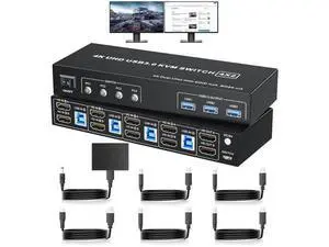 Vszerda 4-Port Dual HDMI KVM Switch, 4K@60Hz, 3 USB3.0 Ports, Button Controller & 4 USB Cables Included Vszerda 4-Port Dual HDMI KVM Switch, 4K@60Hz, 3 USB3.0 Ports, Button Controller & 4 USB Cables Included