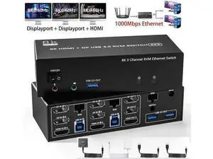 2 PCs Triple Monitor KVM Switch 2DP+HDMI 8K@60Hz 4K@144Hz, Built-in 1000Mbps Ethernet, 3 USB3.0 Ports, Audio Mic & Wired Remote Included 2 PCs Triple Monitor KVM Switch 2DP+HDMI 8K@60Hz 4K@144Hz, Built-in 1000Mbps Ethernet, 3 USB3.0 Ports, Audio Mic & Wired Remote Included