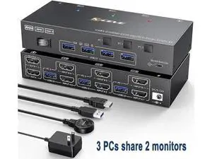 3 Port Dual HDMI KVM Switch 3 In 2 Out, USB3.0 4K@60Hz KVM Switcher with EDID Emulator, Wired Remote & Cables Included for 3 PCs Share 2 Monitors Keyboard Mouse Printer 3 Port Dual HDMI KVM Switch 3 In 2 Out, USB3.0 4K@60Hz KVM Switcher with EDID Emulator, Wired Remote & Cables Included for 3 PCs Share 2 Monitors Keyboard Mouse Printer