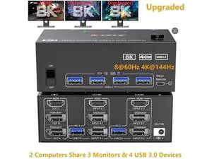2 Port Triple Monitor KVM Switch (2DP+1HDMI), 8K@60Hz 4K@144Hz USB3.0 KVM Switcher with 4 USB3.0 Ports, Wired Remote & USB Cables Included for 2 PCs Share 3 Displays Keyboard Mouse 2 Port Triple Monitor KVM Switch (2DP+1HDMI), 8K@60Hz 4K@144Hz USB3.0 KVM Switcher with 4 USB3.0 Ports, Wired Remote & USB Cables Included for 2 PCs Share 3 Displays Keyboard Mouse