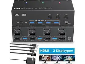 3-Port Triple Monitor KVM Switch (1HDMI+2DP), 8K@60Hz 4K@144Hz, 4 USB3.0 Ports, Wired Remote & 3 USB Cables Included 3-Port Triple Monitor KVM Switch (1HDMI+2DP), 8K@60Hz 4K@144Hz, 4 USB3.0 Ports, Wired Remote & 3 USB Cables Included