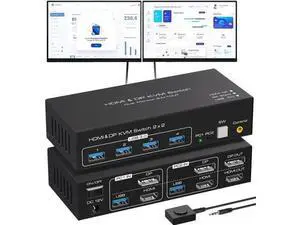 2 Port Dual Monitor DP+HDMI KVM Switch, 8K@60Hz 4K@120Hz USB3.0 KVM Switcher with External Wired Controller for 2 PCs Share 2 Displays & 4 USB 3.0 Ports 2 Port Dual Monitor DP+HDMI KVM Switch, 8K@60Hz 4K@120Hz USB3.0 KVM Switcher with External Wired Controller for 2 PCs Share 2 Displays & 4 USB 3.0 Ports