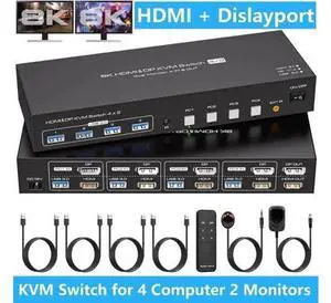 4-Port HDMI2.1+DP1.4 Dual Monitor KVM Switch 8K@60Hz, 4 USB3.0 Ports, 4 USB Cables Included 4-Port HDMI2.1+DP1.4 Dual Monitor KVM Switch 8K@60Hz, 4 USB3.0 Ports, 4 USB Cables Included