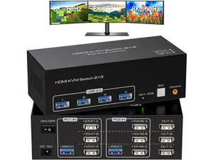 2 Port Triple Monitor HDMI KVM Switch, 8K@60Hz 4K@120Hz USB3.0 KVM Switcher with Wired Controller for 2 PCs Share 3 Monitors Keyboard Mouse Peripherals 2 Port Triple Monitor HDMI KVM Switch, 8K@60Hz 4K@120Hz USB3.0 KVM Switcher with Wired Controller for 2 PCs Share 3 Monitors Keyboard Mouse Peripherals