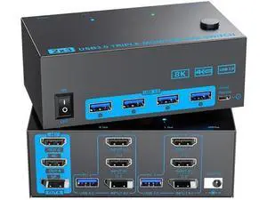 2-Port Triple Monitor KVM Switch (2HDMI+DP), 8K@60Hz & 4K@144Hz, USB3.0 with Wired Remote, 2 PCs Share 3 Monitors & 4 USB Peripherals 2-Port Triple Monitor KVM Switch (2HDMI+DP), 8K@60Hz & 4K@144Hz, USB3.0 with Wired Remote, 2 PCs Share 3 Monitors & 4 USB Peripherals