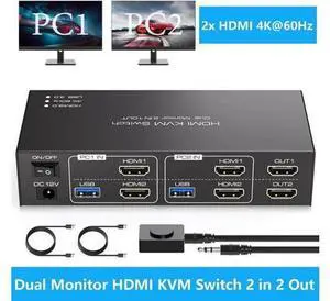 2 Port Dual Monitor HDMI KVM Switch 4K@60Hz USB 3.0, Support Mirror & Extended Display, External Desktop Controller, 4 USB 3.0 Ports, Come with 2 Pcs USB 3.0 Cables for 2 PCs Share 2 Displays 2 Port Dual Monitor HDMI KVM Switch 4K@60Hz USB 3.0, Support Mirror & Extended Display, External Desktop Controller, 4 USB 3.0 Ports, Come with 2 Pcs USB 3.0 Cables for 2 PCs Share 2 Displays