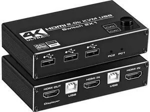 2x1 HDMI 2.0 KVM Switch, 4K@60Hz with 3 USB Ports, 2 PCs Share One Monitor, Compatible with Wireless Keyboard, Mouse, USB Drive, Printer & Camera, 2 USB Cables Included 2x1 HDMI 2.0 KVM Switch, 4K@60Hz with 3 USB Ports, 2 PCs Share One Monitor, Compatible with Wireless Keyboard, Mouse, USB Drive, Printer & Camera, 2 USB Cables Included