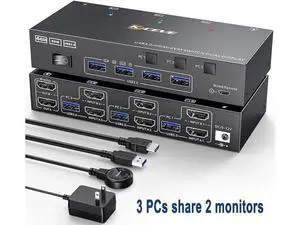 3 In 2 Out Dual Monitor HDMI KVM Switch 4K@60Hz USB 3.0, Built-in EDID Emulator, Wired Remote Controller & Matching Cables Included, for 3 PCs Share Dual Displays, Keyboard, Mouse & Printer 3 In 2 Out Dual Monitor HDMI KVM Switch 4K@60Hz USB 3.0, Built-in EDID Emulator, Wired Remote Controller & Matching Cables Included, for 3 PCs Share Dual Displays, Keyboard, Mouse & Printer