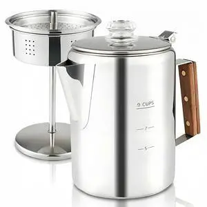 Camping Percolator Coffee Pot, Stainless Steel Stove Top Coffee Maker with Removable Lid & Wood Handle,for Group Camping, Hiking, Backpacking, RV and Travel (9 Cup) Camping Percolator Coffee Pot, Stainless Steel Stove Top Coffee Maker with Removable Lid & Wood Handle,for Group Camping, Hiking, Backpacking, RV and Travel (9 Cup)