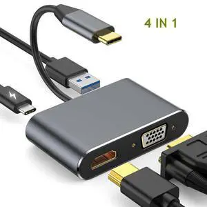 4-in-1 USB-C Docking Station Type-C to HDMI / VGA Converter, USB 3.0 Hub, PD Fast Charging, Multi-Port Adapter for Laptop / Tablet / Phone 4-in-1 USB-C Docking Station Type-C to HDMI / VGA Converter, USB 3.0 Hub, PD Fast Charging, Multi-Port Adapter for Laptop / Tablet / Phone
