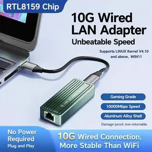 10G USB 3.2 Ethernet Adapter Type-C to 10Gbps RJ45 Wired Network Converter, High-Speed 10 Gigabit LAN Dongle, Realtek RTL8159 Chipset for Laptop / Desktop 10G USB 3.2 Ethernet Adapter Type-C to 10Gbps RJ45 Wired Network Converter, High-Speed 10 Gigabit LAN Dongle, Realtek RTL8159 Chipset for Laptop / Desktop