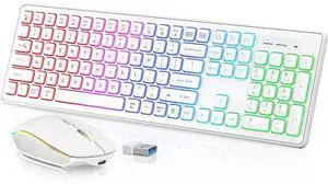 Wireless RGB Gaming Keyboard & Mouse Set Rechargeable, Ergonomic Tilt Design, 2.4G Quiet Combo for Home/Office - white Wireless RGB Gaming Keyboard & Mouse Set Rechargeable, Ergonomic Tilt Design, 2.4G Quiet Combo for Home/Office - white