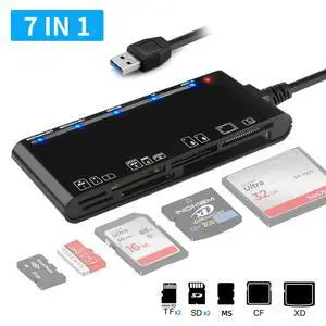 USB 3.0 7-in-1 Card Reader Supports CF / XD / MS / SD / TF / M2 Memory Cards, 5Gbps High-Speed Data Transfer, Plug-and-Play for PC/Laptop USB 3.0 7-in-1 Card Reader Supports CF / XD / MS / SD / TF / M2 Memory Cards, 5Gbps High-Speed Data Transfer, Plug-and-Play for PC/Laptop