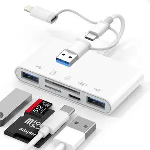5-in-1 Memory Card Reader, USB OTG Adapter & SD Card Reader for iPhone iPad, Type C/Lightning/USB A with 5 Slots of PD 60W/Dual USB/TF/SD Card, Camera Adapter Supports SD/Micro SD/SDHC/SDXC/MMC 5-in-1 Memory Card Reader, USB OTG Adapter & SD Card Reader for iPhone iPad, Type C/Lightning/USB A with 5 Slots of PD 60W/Dual USB/TF/SD Card, Camera Adapter Supports SD/Micro SD/SDHC/SDXC/MMC