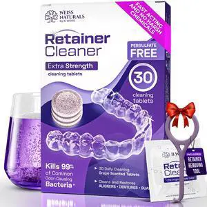 Weiss Naturals Retainer Cleaner Tablets, Invisalign Cleaner, Remove Stains, Odors & Plaque, PERSULFATE FREE Night Guard & Denture Cleaner 1-Month Supply, 30 Grape Scented Tablets Weiss Naturals Retainer Cleaner Tablets, Invisalign Cleaner, Remove Stains, Odors & Plaque, PERSULFATE FREE Night Guard & Denture Cleaner 1-Month Supply, 30 Grape Scented Tablets