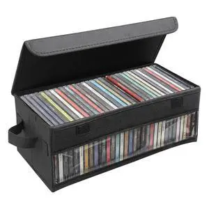 CD Storage Box, CD Case Holder with Handles, 14.17×6.3×5.51in Lid and Clear Window Stackable CD Organizer Box Holds Up to 32 CDs in full jewel cases(Black) CD Storage Box, CD Case Holder with Handles, 14.17×6.3×5.51in Lid and Clear Window Stackable CD Organizer Box Holds Up to 32 CDs in full jewel cases(Black)