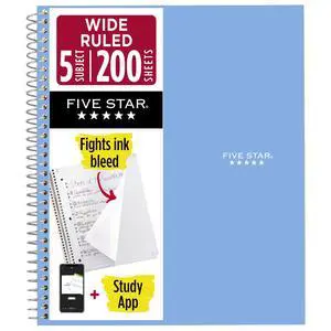 Spiral Notebook + Study App, 5 Subject, Wide Ruled Paper, 8" x 10-1/2", 200 Sheets, Fights Ink Bleed, Water Resistant Cover, Tidewater Blue (73196) Spiral Notebook + Study App, 5 Subject, Wide Ruled Paper, 8" x 10-1/2", 200 Sheets, Fights Ink Bleed, Water Resistant Cover, Tidewater Blue (73196)