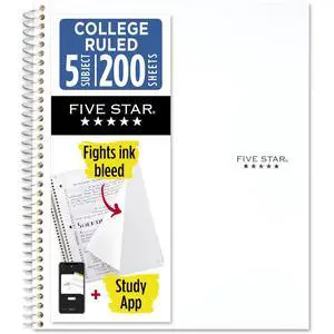Spiral Notebook + Study App, 5 Subject, College Ruled Paper, 8-1/2" x 11", 200 Sheets, Fights Ink Bleed, Water Resistant Cover, White (72460) Spiral Notebook + Study App, 5 Subject, College Ruled Paper, 8-1/2" x 11", 200 Sheets, Fights Ink Bleed, Water Resistant Cover, White (72460)