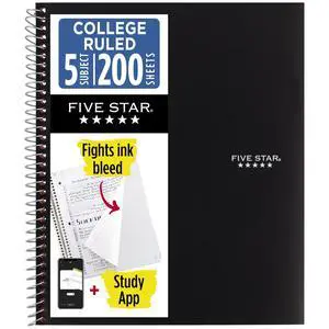 Spiral Notebook + Study App, 5 Subject, College Ruled Paper, 8-1/2" x 11", 200 Sheets, Fights Ink Bleed, Water Resistant Cover, Black (72081) Spiral Notebook + Study App, 5 Subject, College Ruled Paper, 8-1/2" x 11", 200 Sheets, Fights Ink Bleed, Water Resistant Cover, Black (72081)