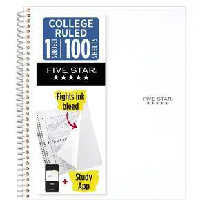 Spiral Notebook + Study App, 1 Subject, College Ruled Paper, 8-1/2" x 11", 100 Sheets, Fights Ink Bleed, Water Resistant Cover, White (72456) Spiral Notebook + Study App, 1 Subject, College Ruled Paper, 8-1/2" x 11", 100 Sheets, Fights Ink Bleed, Water Resistant Cover, White (72456)