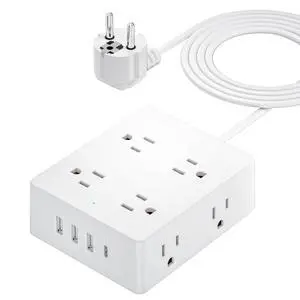 European Travel Plug Adapter, Olcorife US to Europe Type E/F Plug Adapter, International Power Strip with 8 Outlets and 4 USB(1 USB-C), 5 FT Cord for Germany France Iceland Spain European Travel Plug Adapter, Olcorife US to Europe Type E/F Plug Adapter, International Power Strip with 8 Outlets and 4 USB(1 USB-C), 5 FT Cord for Germany France Iceland Spain