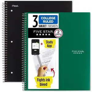 Spiral Notebook + Study App, 2 Pack, 3 Subject, College Ruled Paper, 8-1/2" x 11", 150 Sheets, Fights Ink Bleed, Water Resistant Cover, Black, Green (820191) Spiral Notebook + Study App, 2 Pack, 3 Subject, College Ruled Paper, 8-1/2" x 11", 150 Sheets, Fights Ink Bleed, Water Resistant Cover, Black, Green (820191)