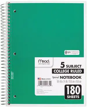 Spiral Notebook, 5 Subject, College Ruled Paper, 180 Sheets, 10-1/2" x 8", Color Selected For You, 1 Count (05682) Spiral Notebook, 5 Subject, College Ruled Paper, 180 Sheets, 10-1/2" x 8", Color Selected For You, 1 Count (05682)