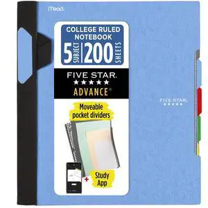 Advance Spiral Notebook + Study App, 5 Subject, College Ruled Paper, 8-1/2" x 11", 200 Sheets, Spiral Guard, Movable Tabbed Dividers, Pacific Blue (73150) Advance Spiral Notebook + Study App, 5 Subject, College Ruled Paper, 8-1/2" x 11", 200 Sheets, Spiral Guard, Movable Tabbed Dividers, Pacific Blue (73150)