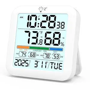 Mini Digital Indoor Thermometer Hygrometer Clock, Room Temperature Humidity Monitor with Calibration, Backlight, Air Comfort Indicator, 24H Max Min Record, Time, Alarm for Home (Size3.2"x 3.2") Mini Digital Indoor Thermometer Hygrometer Clock, Room Temperature Humidity Monitor with Calibration, Backlight, Air Comfort Indicator, 24H Max Min Record, Time, Alarm for Home (Size3.2"x 3.2")