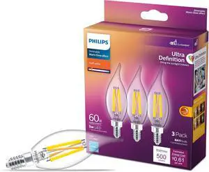 P60W BA11 E12 Chandelier Bulbs 3-Pack Ultra Definition Soft White (2700K) 500 Lumen (5W = 60W) Dimmable Flicker-Free LED Candelabra Bulbs P60W BA11 E12 Chandelier Bulbs 3-Pack Ultra Definition Soft White (2700K) 500 Lumen (5W = 60W) Dimmable Flicker-Free LED Candelabra Bulbs