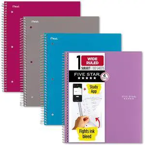 Spiral Notebook + Study App, 4 Pack, 1 Subject, Wide Ruled Paper, 8" x 10-1/2", 100 Sheets, Fights Ink Bleed, Water Resistant Cover, Purple, Pink, Gray and Blue (930105-ECM) Spiral Notebook + Study App, 4 Pack, 1 Subject, Wide Ruled Paper, 8" x 10-1/2", 100 Sheets, Fights Ink Bleed, Water Resistant Cover, Purple, Pink, Gray and Blue (930105-ECM)