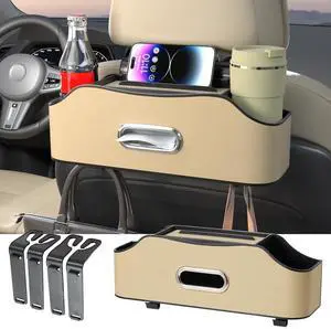 Back Seat Cup Holder for Car Multifunctional Rear Seat Organizer with Drink Holders, Tissue Box Storage & Hooks, Fits Headrest for Auto, Family Travel Accessories. (Beige) Back Seat Cup Holder for Car Multifunctional Rear Seat Organizer with Drink Holders, Tissue Box Storage & Hooks, Fits Headrest for Auto, Family Travel Accessories. (Beige)