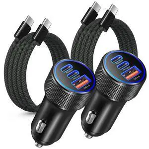 93W USB C Car Charger, 45W Super Fast Charging 2.0 Type C 3-Port Cigarette Lighter Adapter with 6ft USB-C Charger Cable for Galaxy S26 Ultra S25 FE S24 S22 iPhone 17 16 15 Pro Max, 2Pack 93W USB C Car Charger, 45W Super Fast Charging 2.0 Type C 3-Port Cigarette Lighter Adapter with 6ft USB-C Charger Cable for Galaxy S26 Ultra S25 FE S24 S22 iPhone 17 16 15 Pro Max, 2Pack
