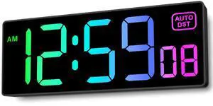 Large LED Digital Wall Clock 8 RGB Color Changing Display, Corded Plug in Electric Digital Clock with Seconds for Living Room Bedroom Desk Table Office, 5 Dimmers, Auto DST, 10 Inches Large LED Digital Wall Clock 8 RGB Color Changing Display, Corded Plug in Electric Digital Clock with Seconds for Living Room Bedroom Desk Table Office, 5 Dimmers, Auto DST, 10 Inches