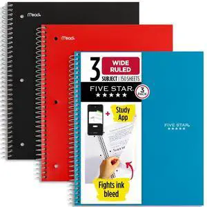 Spiral Notebook + Study App, 3 Pack, 3 Subject, Wide Ruled Paper, 8" x 10-1/2", Tidewater Blue, Fire Red, Black (930081) Spiral Notebook + Study App, 3 Pack, 3 Subject, Wide Ruled Paper, 8" x 10-1/2", Tidewater Blue, Fire Red, Black (930081)