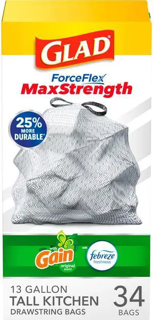 ForceFlex MaxStrength Tall Kitchen Trash Bags, 13 Gal, Gain Original, 34 Ct (Pack May Vary) ForceFlex MaxStrength Tall Kitchen Trash Bags, 13 Gal, Gain Original, 34 Ct (Pack May Vary)