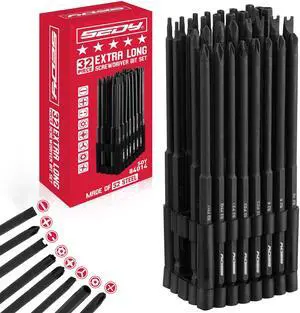 Extra Long Security Bit Set: 32-Piece S2 Steel Screwdriver Drill Bits for Tamper-Proof Screws, 6" Torx, PoziDriv, Spanner, Tri-Wing - Universal 1/4" Hex Shank for Electric, Impact Drills Extra Long Security Bit Set: 32-Piece S2 Steel Screwdriver Drill Bits for Tamper-Proof Screws, 6" Torx, PoziDriv, Spanner, Tri-Wing - Universal 1/4" Hex Shank for Electric, Impact Drills