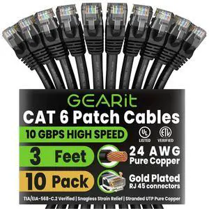 Cat 6 Ethernet Patch Cable 3 ft Black (10 Pack) Cat6 Patch Cables 3ft Black/Ethernet Patch Cable, 10Gbps 550MHz 24AWG Pure Copper, Snagless, Gold Plated RJ45 for Router, Server, Router, PC Cat 6 Ethernet Patch Cable 3 ft Black (10 Pack) Cat6 Patch Cables 3ft Black/Ethernet Patch Cable, 10Gbps 550MHz 24AWG Pure Copper, Snagless, Gold Plated RJ45 for Router, Server, Router, PC
